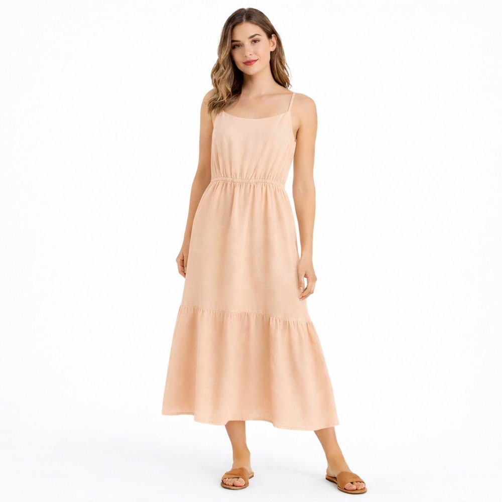 Peach Tiered Midi Sundress Spaghetti Strap Elastic Waist Boho Dress | Size XS